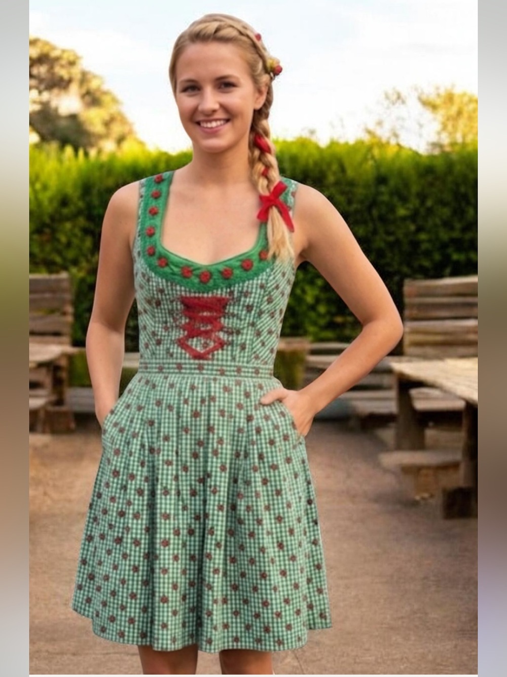 Country Line Authentic German Dirndl Dress EU 34 XS Green  Gingham Rose